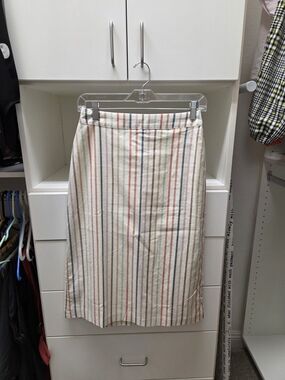 Madewell Cream Midi Skirt with Red, Blue, and Tan Stripes